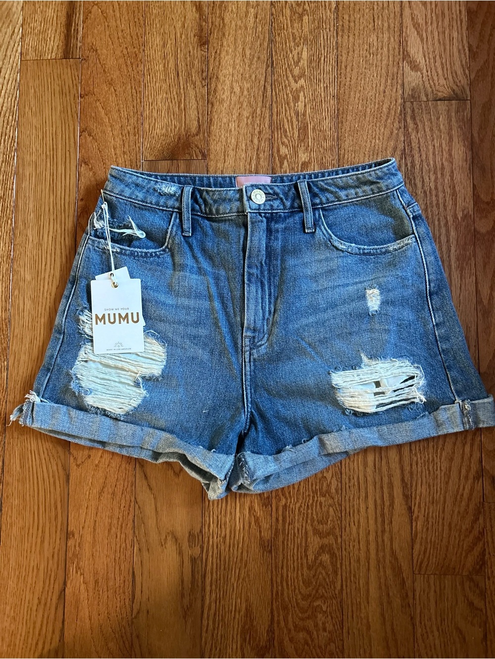 Show Me Your MuMu Distressed Rolled-Hem Denim Shorts - Blue 26 NWT